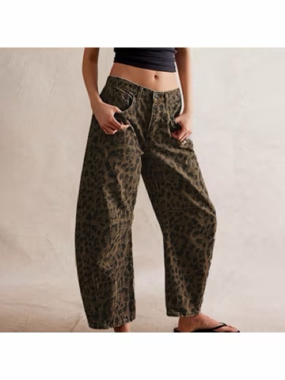 Boho, brown, black leopard print, cotton barrel, leg, denim jeans, 32” XL